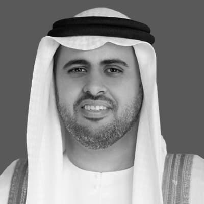 Black and white portrait of H.H. Sheikh Theyab bin Mohamed bin Zayed Al Nahyan, Chairman of Abu Dhabi Crown Prince Court, Member of the Executive Council.
