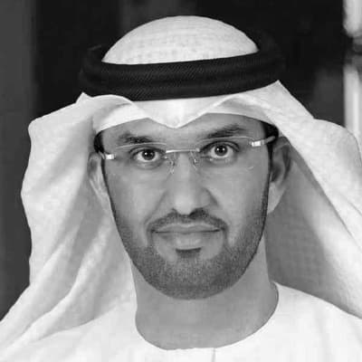 Black and white portrait of H.E. Dr. Sultan Ahmed Al Jaber, Minister of Industry and Advanced Technology.