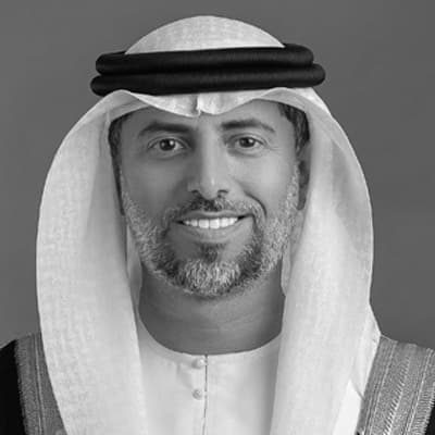 Black and white portrait of H.E. Suhail Al Mazrouei, Minister of Energy and Infrastructure.
