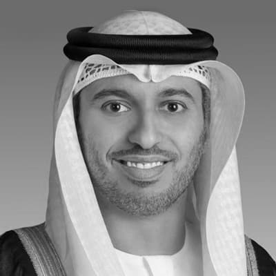 Black and white portrait of H.E. Dr. Ahmad Belhoul Al Falasi, Minister of Education.