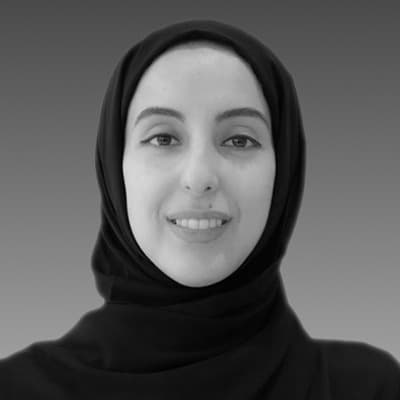 Black and white portrait of H.E. Shamma Al Mazrouei, Minister of Community Development.