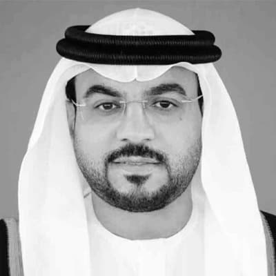 Black and white portrait of H.E. Saeed Al Eter, Chairman of the UAE Government Media Office.